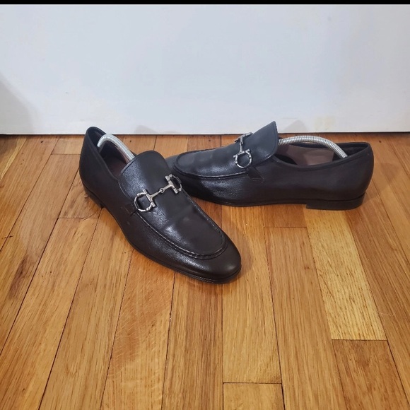 Salvatore Ferragamo Black Leather Sole Gancini Logo Buckle Slip-on Loafers 9 D - Picture 1 of 13